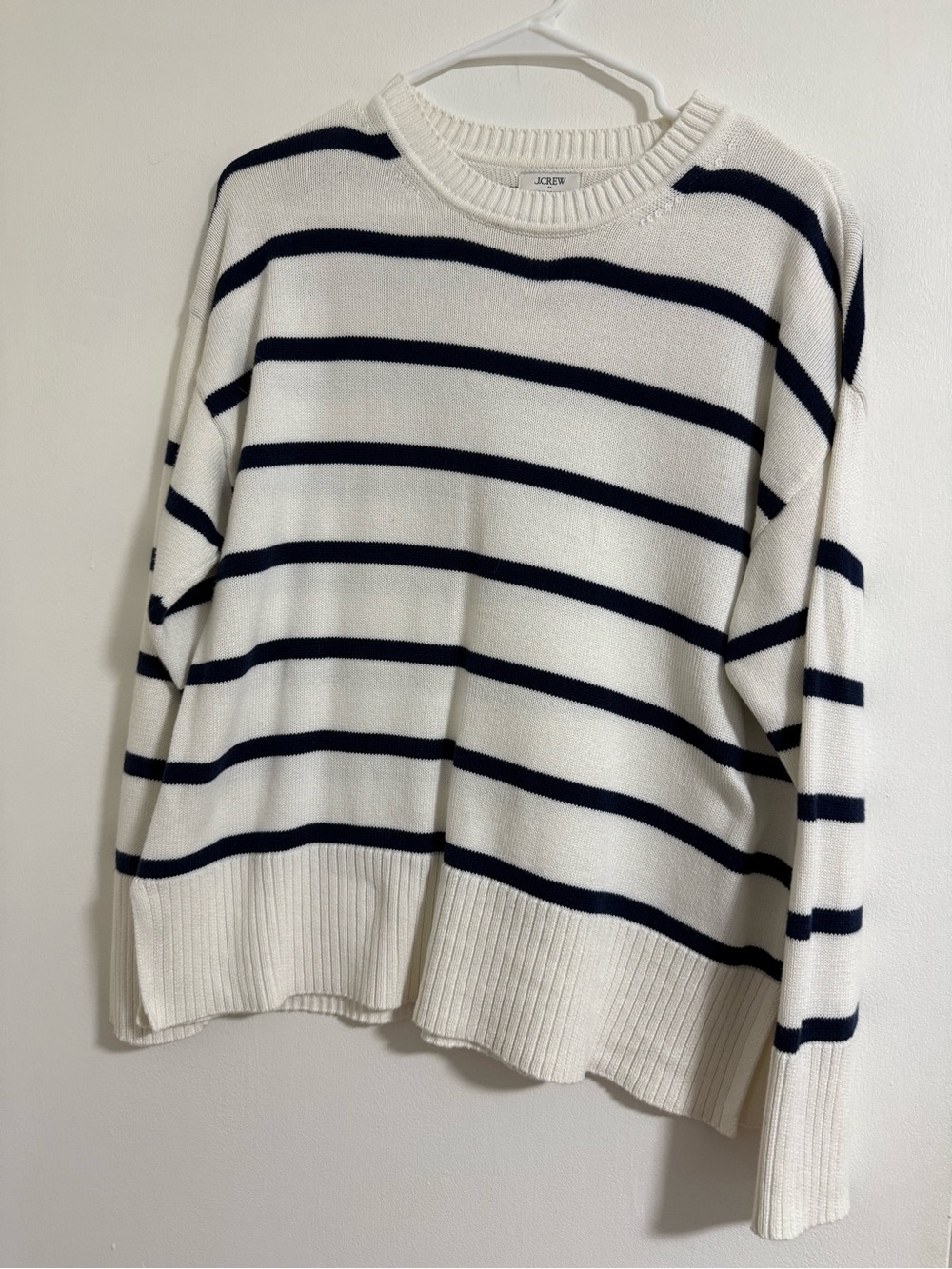 J. Crew Cream Sweater with Navy Stripes - Classic Crewneck